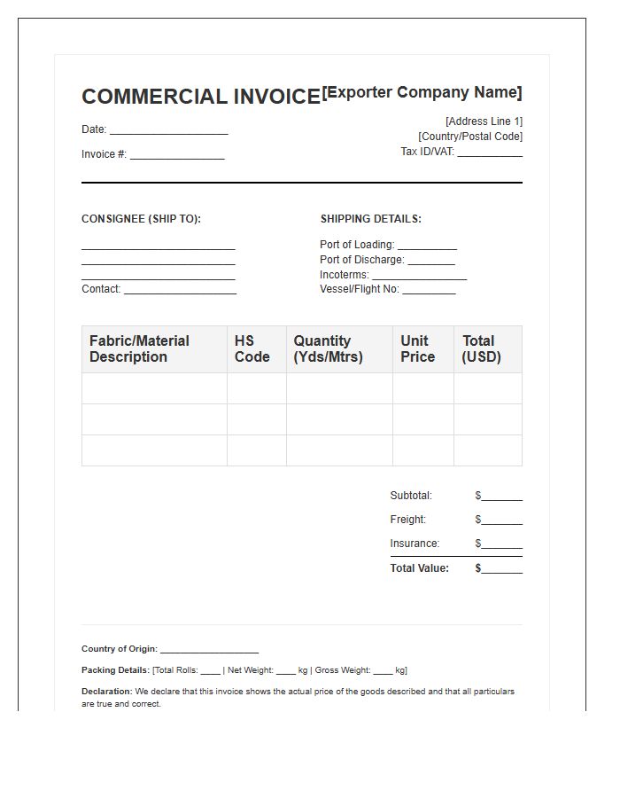 Textile Supply Import Invoice Template