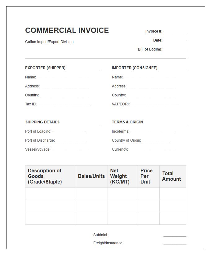 Wholesale Cotton Import Invoice Template
