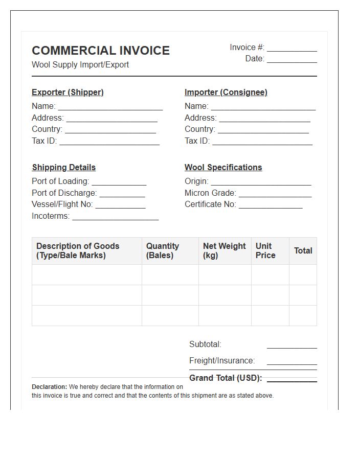 Wool Supply Import Invoice Template
