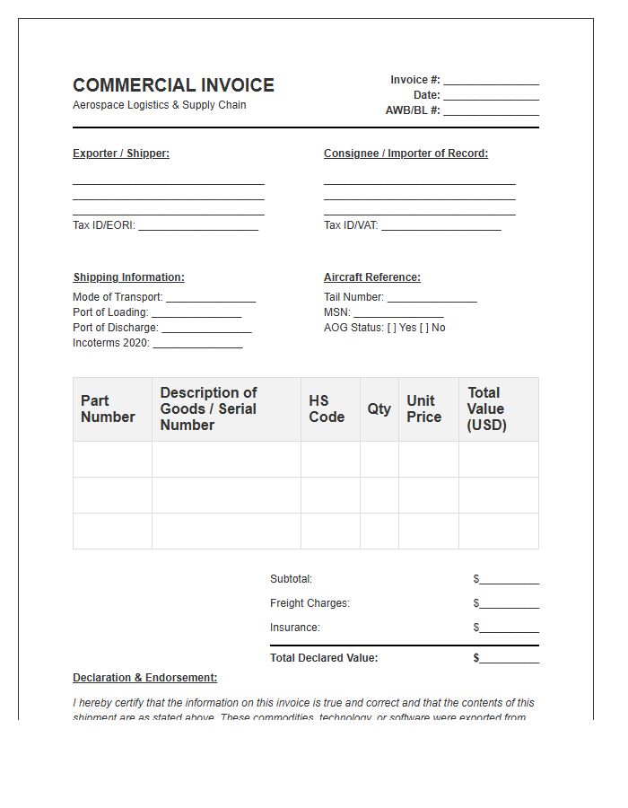 Aerospace Equipment Import Logistics Invoice Template
