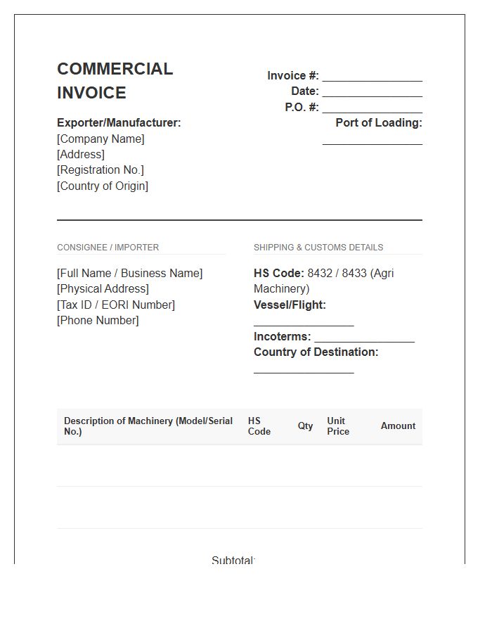 Agriculture Machinery Import Billing Invoice Template