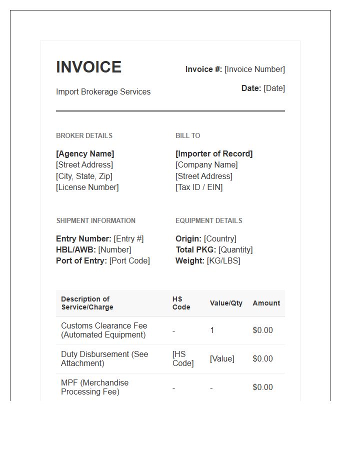 Automated Equipment Import Brokerage Invoice Template
