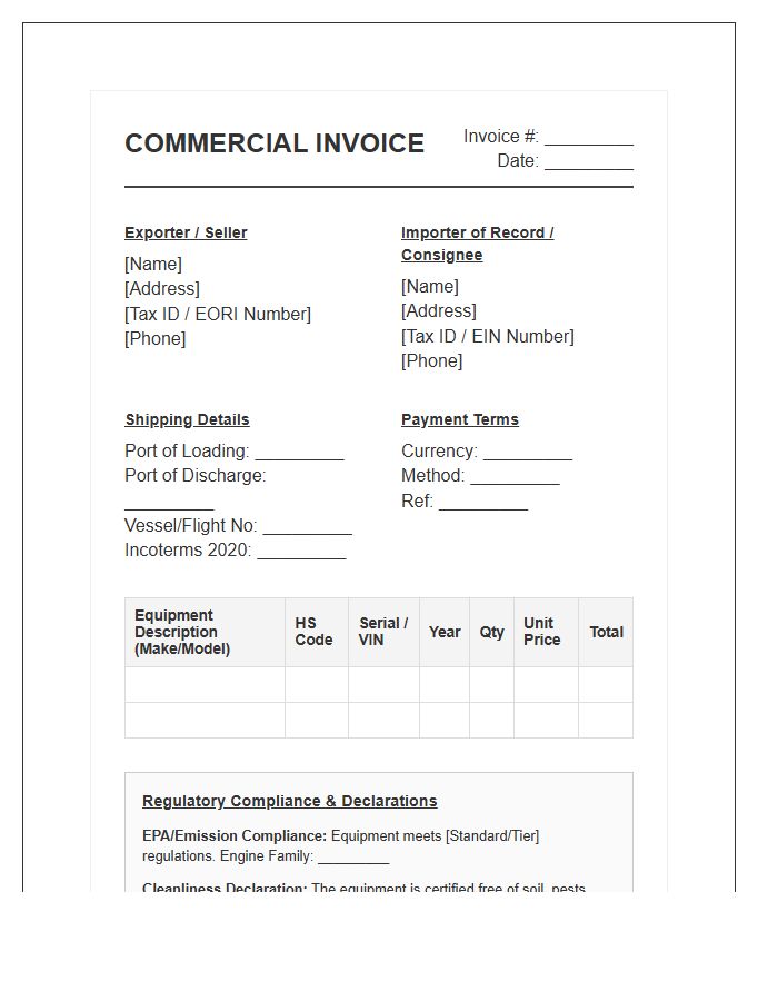 Construction Equipment Import Compliance Invoice Template