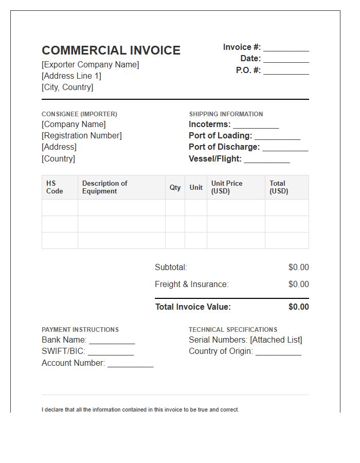 Energy Sector Equipment Import Invoice Template