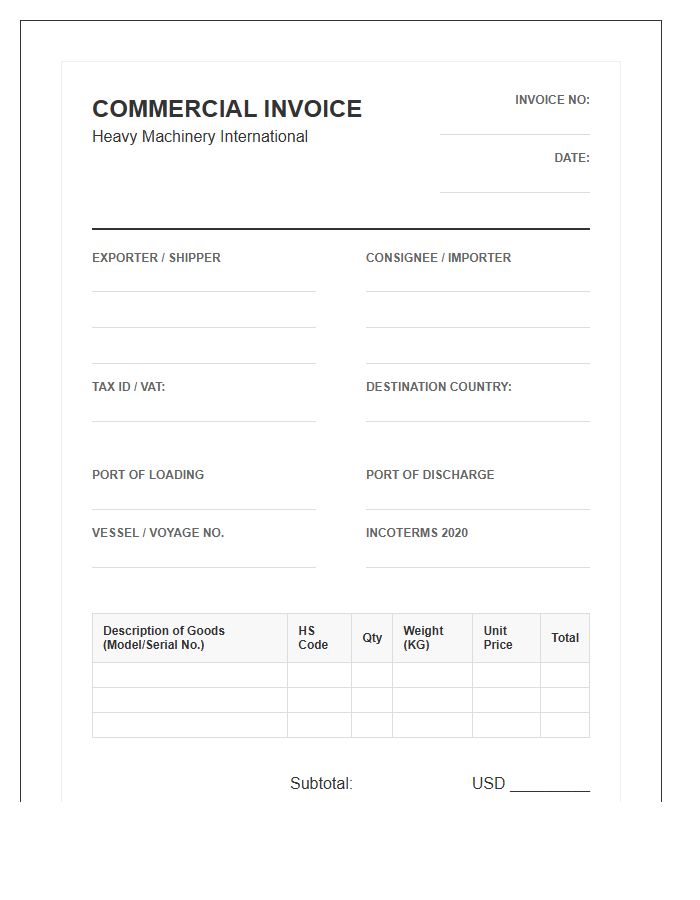 Heavy Machinery International Shipping Invoice Template