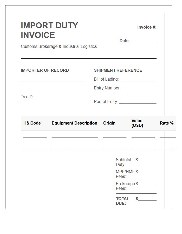 Industrial Equipment Import Duty Invoice Template
