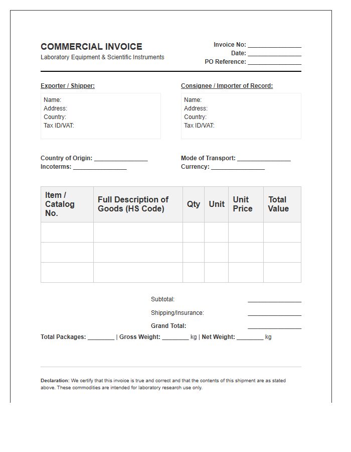 Laboratory Equipment Import Documentation Invoice Template