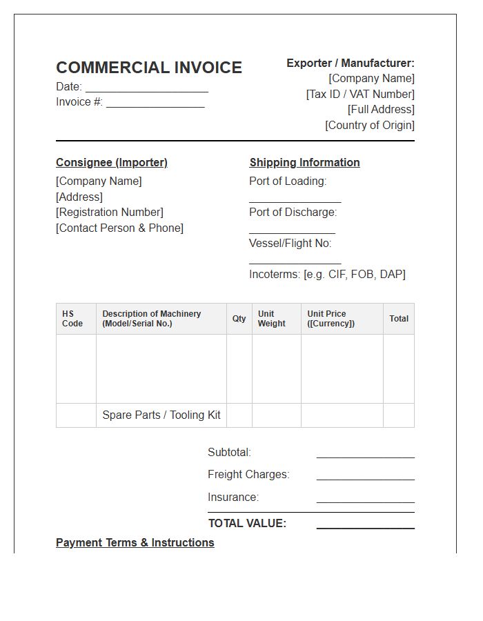Manufacturing Equipment Import Transaction Invoice Template