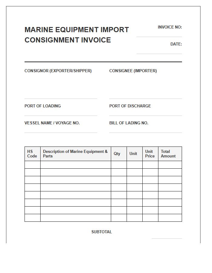 Marine Equipment Import Consignment Invoice Template