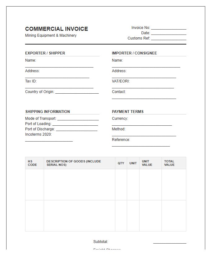 Mining Equipment Import Valuation Invoice Template