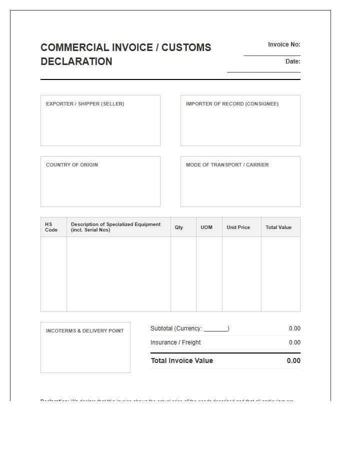 Specialized Equipment Import Customs Invoice Template