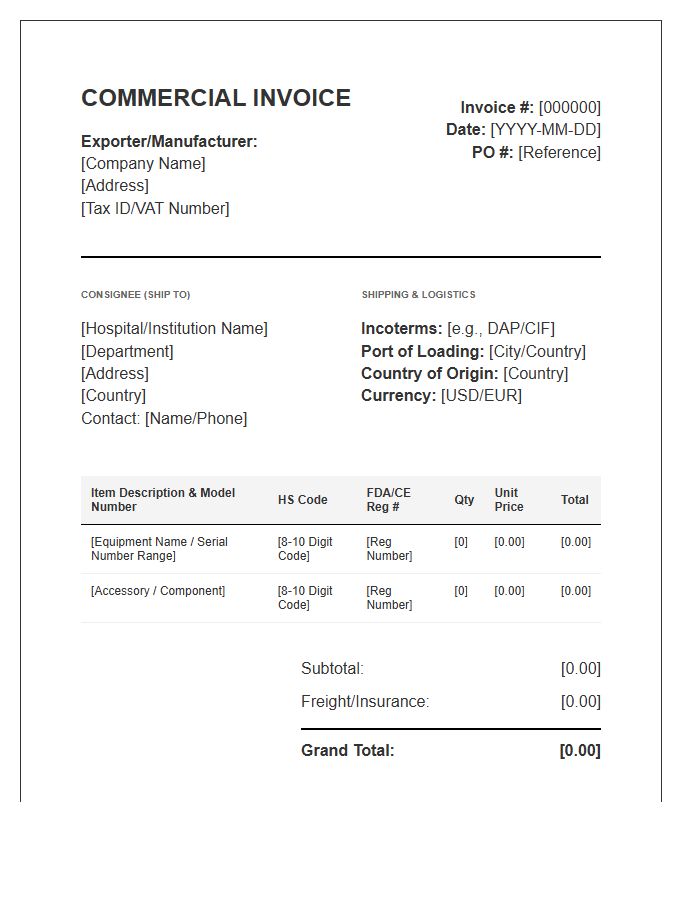 Specialized Medical Equipment Import Invoice Template
