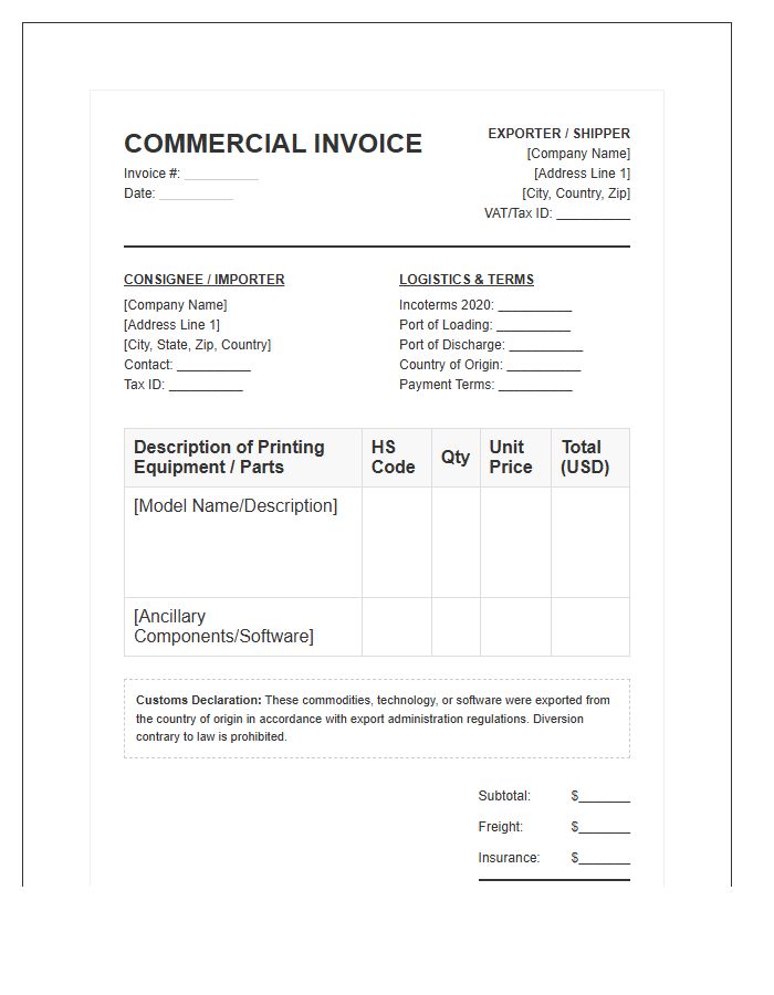 Specialized Printing Equipment Import Invoice Template