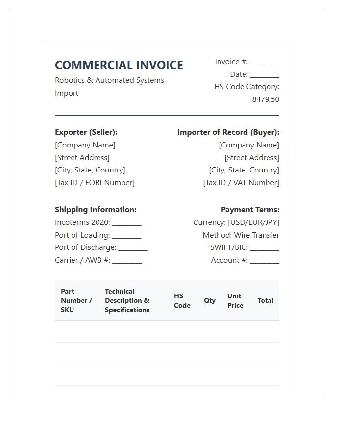 Specialized Robotics Import Purchase Invoice Template