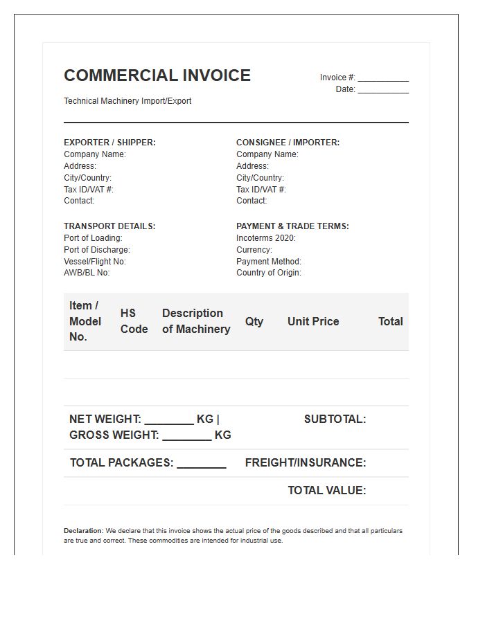 Technical Machinery Import Commercial Invoice Template