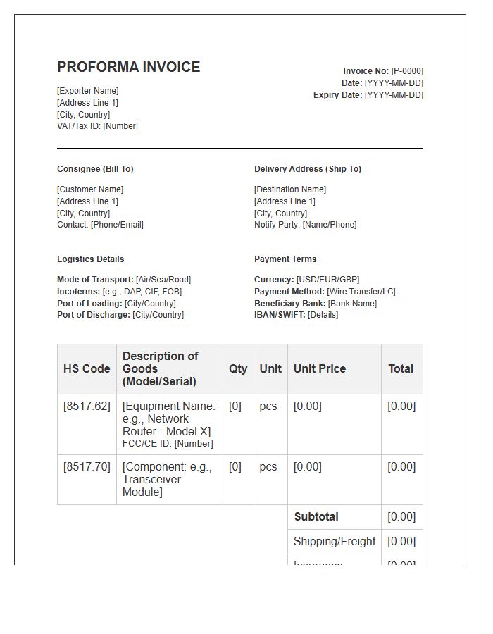 Telecommunications Equipment Import Proforma Invoice Template