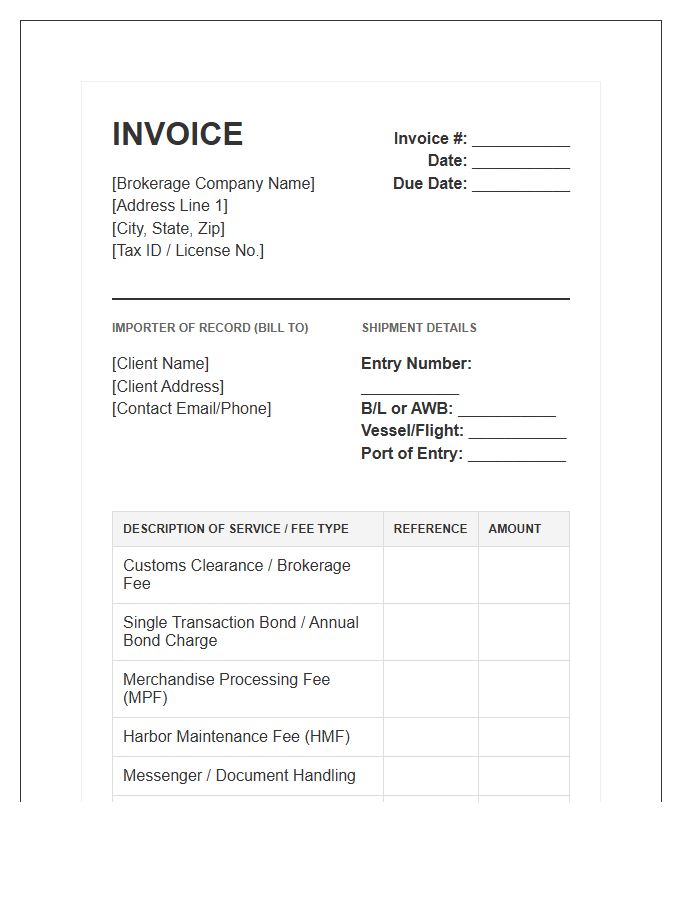Commercial Import Brokerage Fee Invoice Template