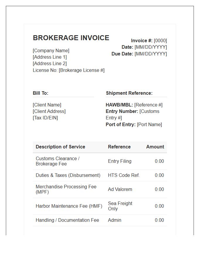 Customs Clearance Brokerage Fee Invoice Template