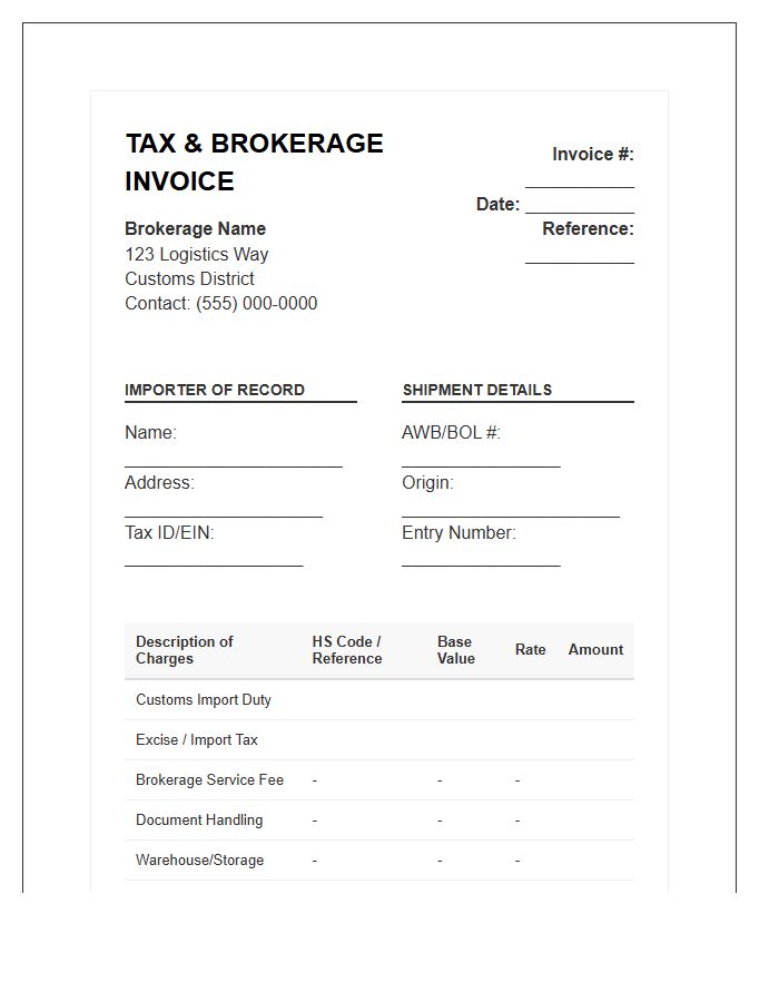 Import Tax And Brokerage Fee Invoice Template