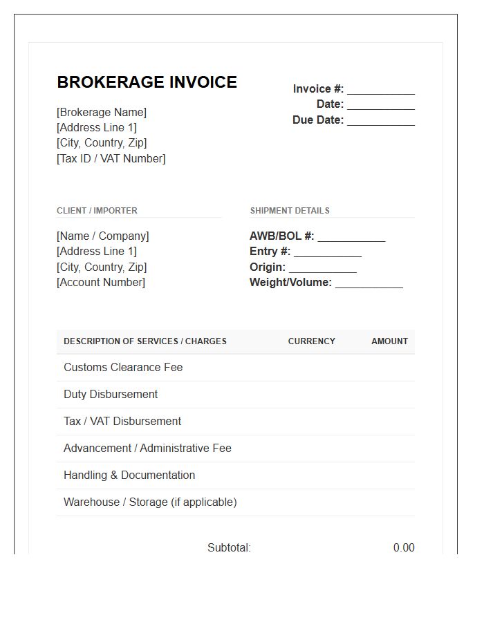 International Shipping Brokerage Fee Invoice Template