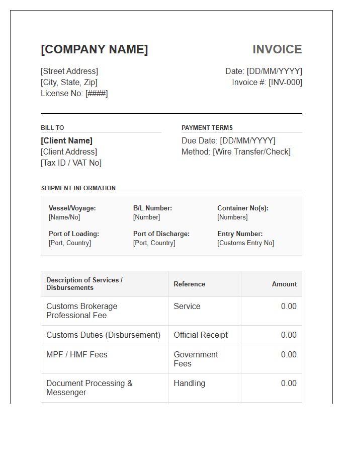 Maritime Import Brokerage Fee Invoice Template