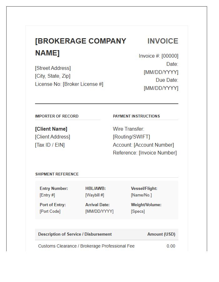 Professional Import Brokerage Fee Invoice Template