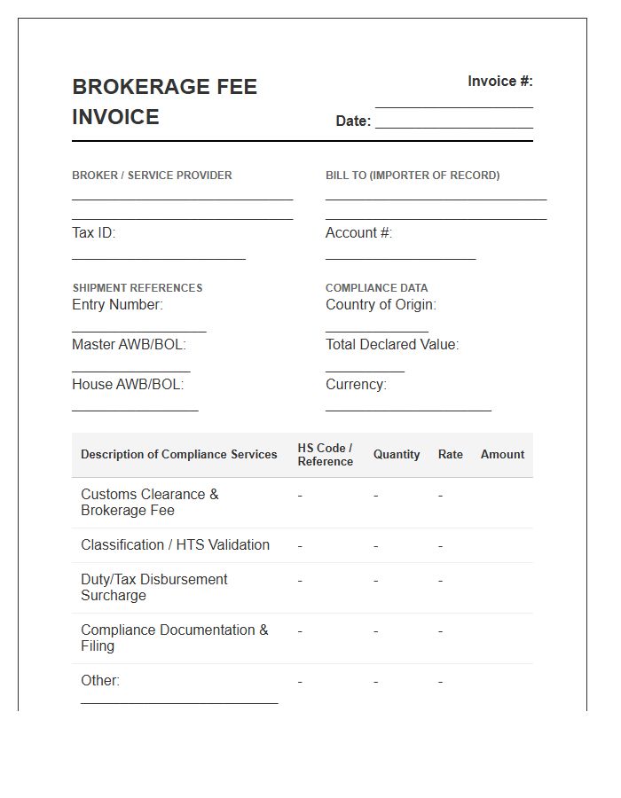 Trade Compliance Brokerage Fee Invoice Template