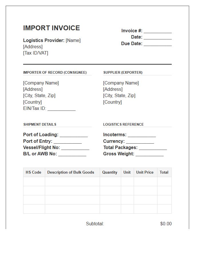 Bulk Supply Logistics Import Invoice Template