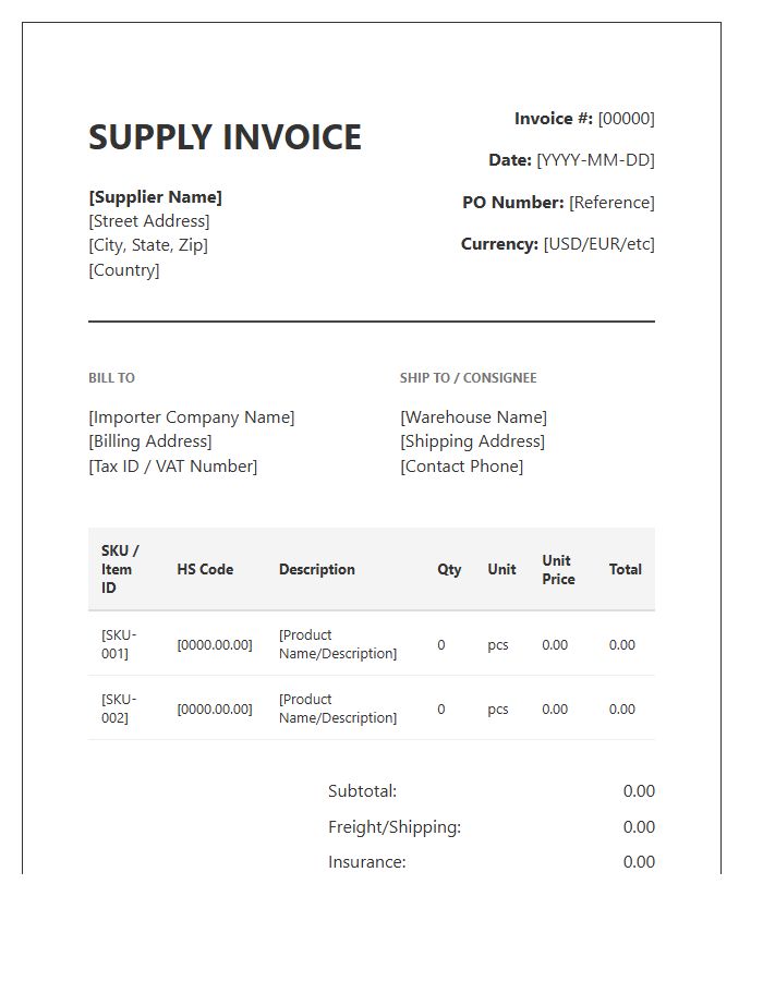 Detailed Inventory Import Supply Invoice Template