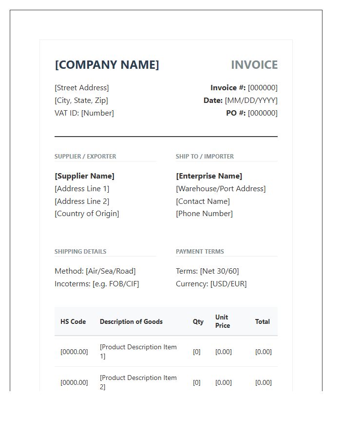 Enterprise Supply Import Invoice Template