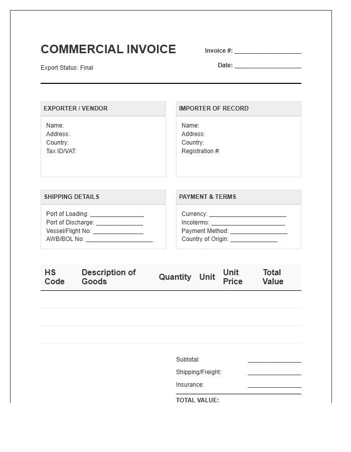 Foreign Vendor Inventory Import Invoice Template