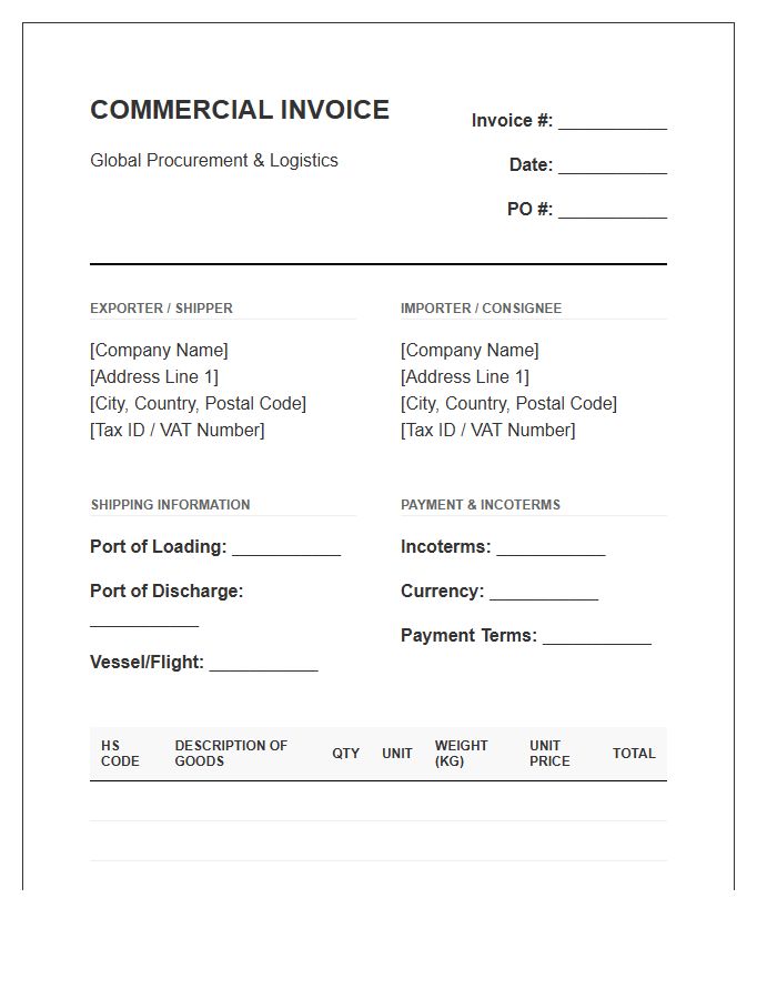 Global Procurement Inventory Import Invoice Template
