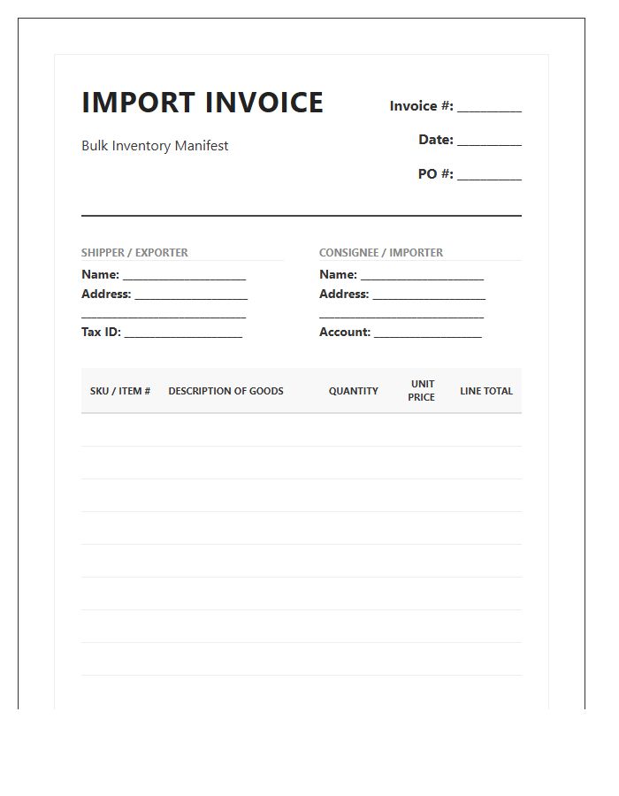 High Volume Inventory Import Invoice Template