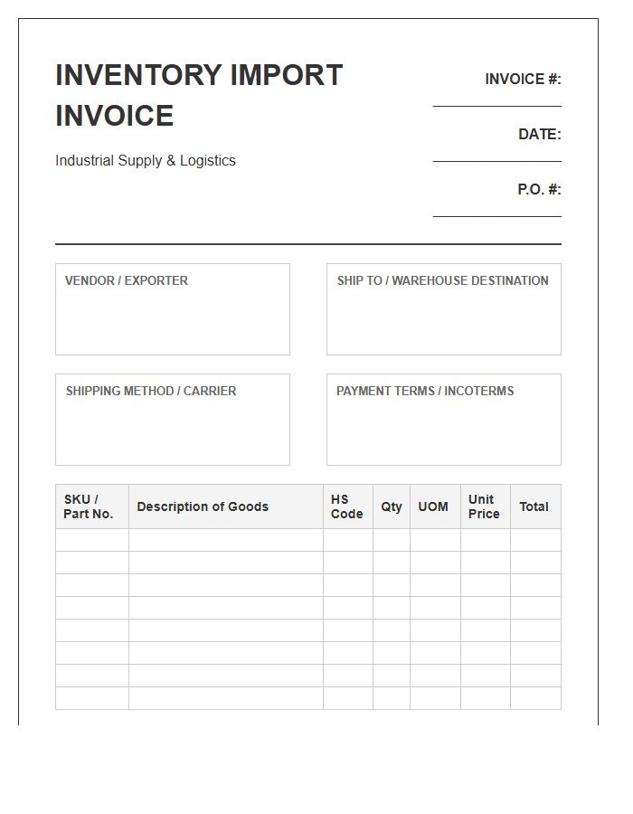 Industrial Supply Inventory Import Invoice Template