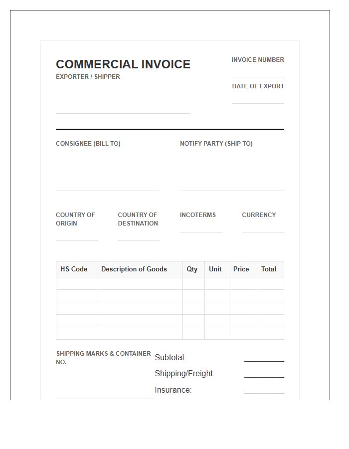 International Inventory Supply Import Invoice Template