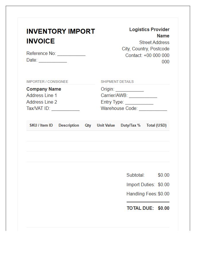 Logistics Provider Inventory Import Invoice Template