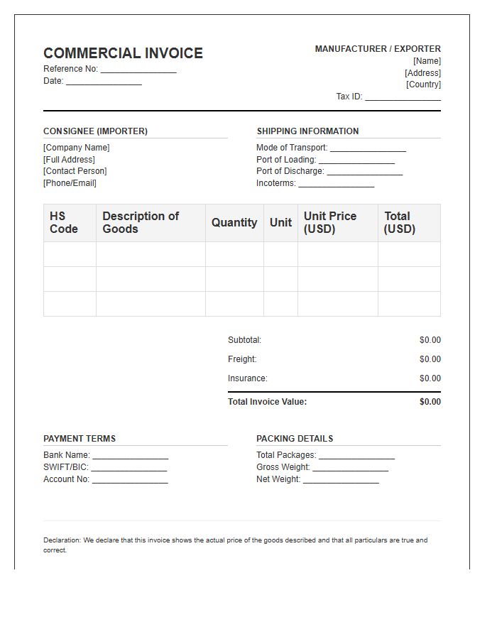Manufacturing Supply Import Invoice Template