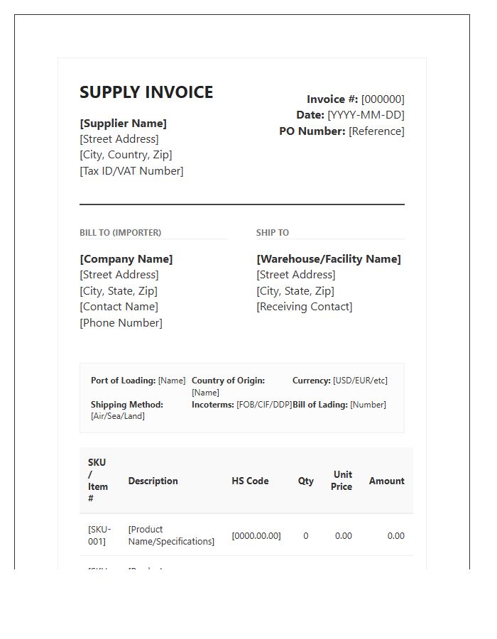 Professional Inventory Import Supply Invoice Template