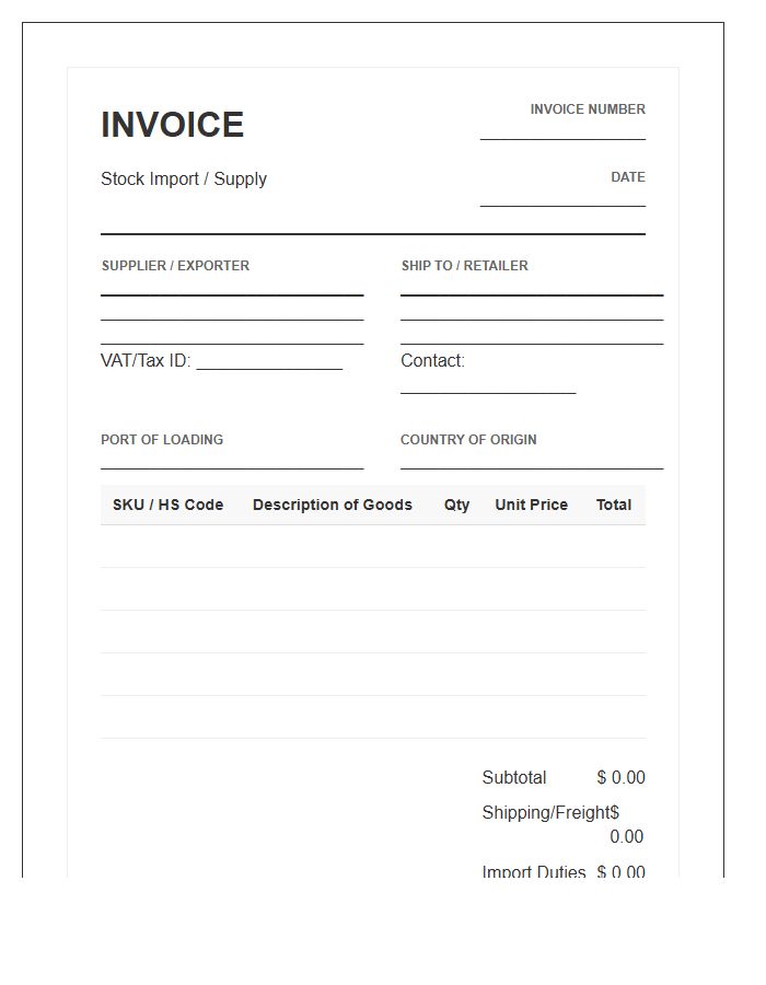 Retail Stock Import Supply Invoice Template