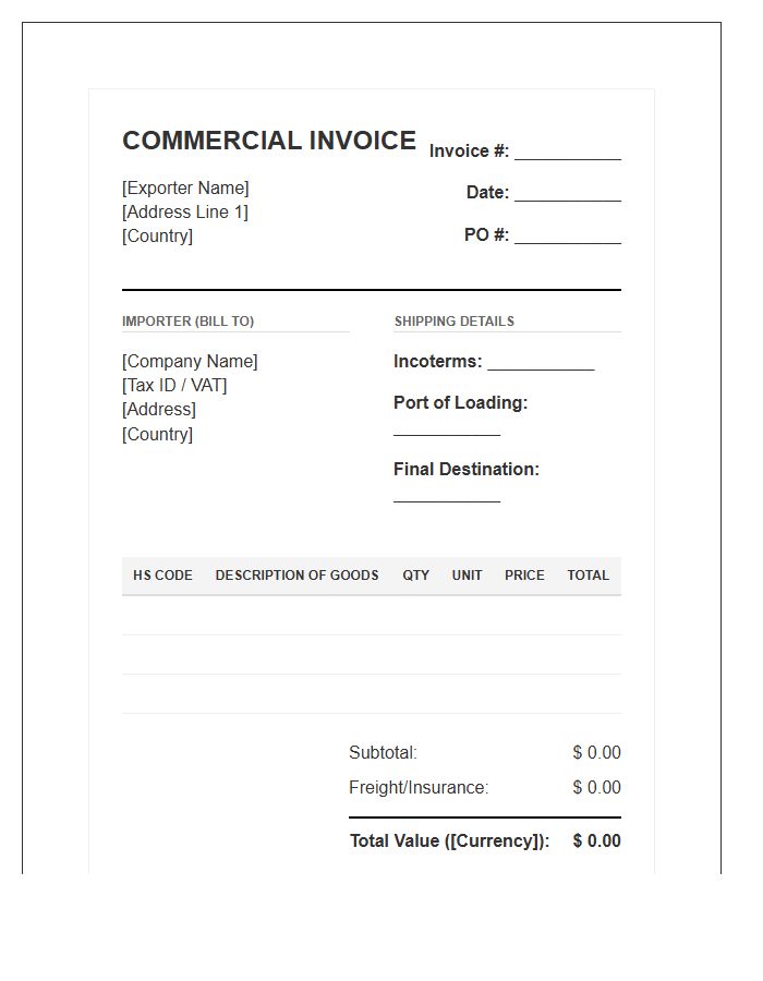 Standardized Import Inventory Supply Invoice Template