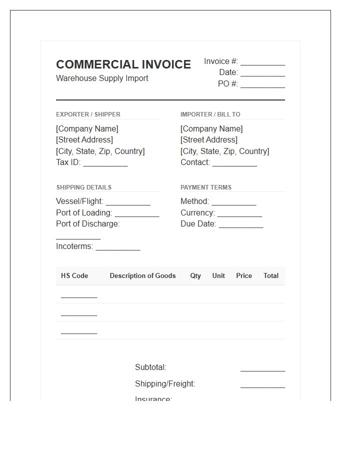 Warehouse Supply Import Shipment Invoice Template
