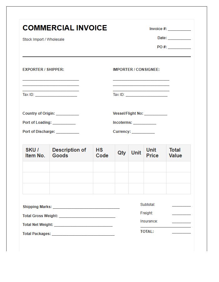 Wholesale Stock Import Shipping Invoice Template