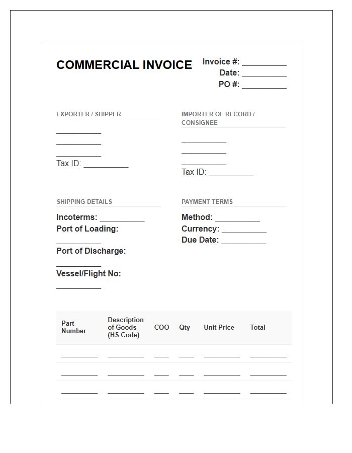 Automotive Component Import Invoice Template