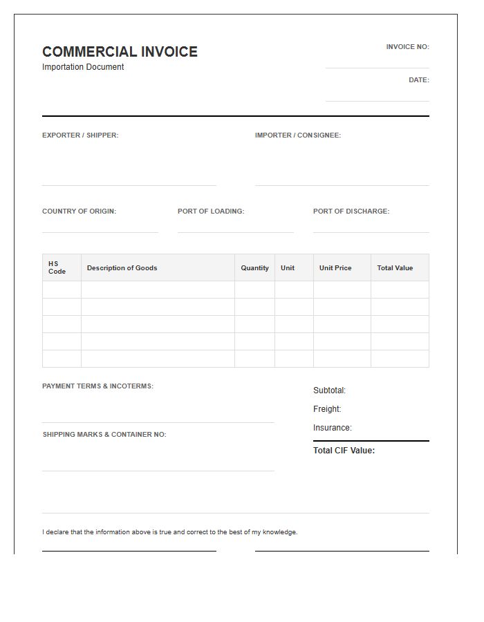 Bulk Product Importation Invoice Template