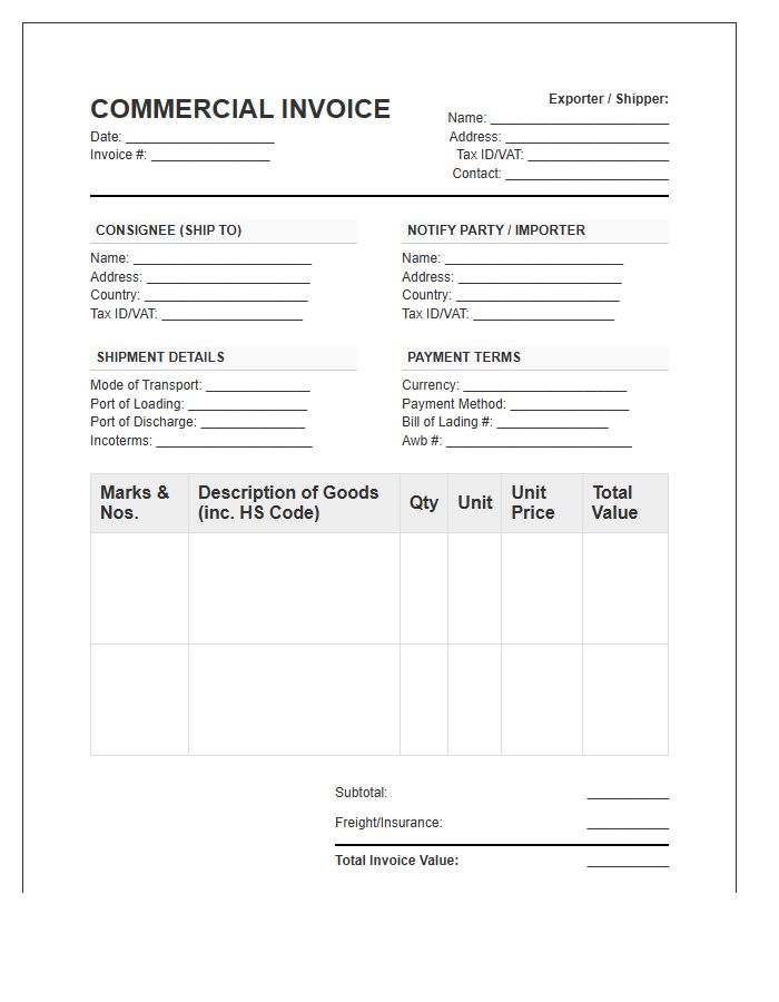 Commercial Product Import Invoice Template