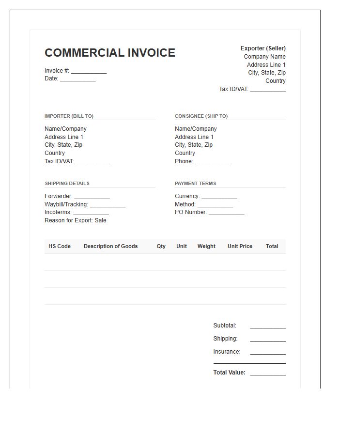 Cross Border Product Import Invoice Template