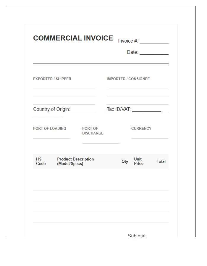 Electronic Product Import Invoice Template