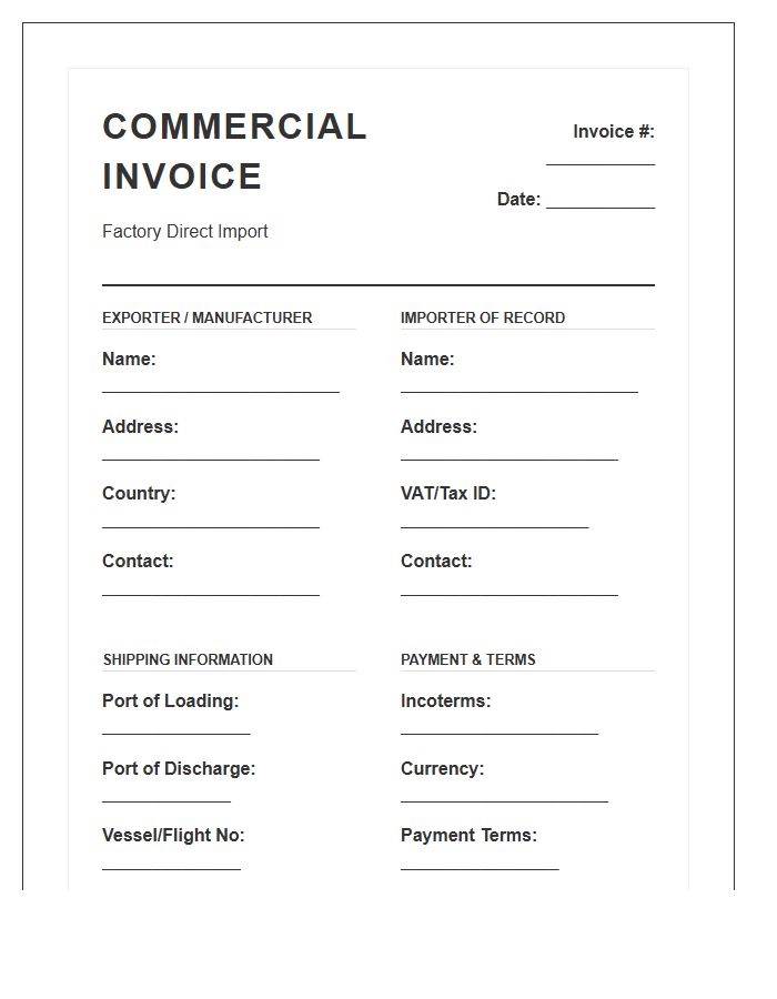 Factory Direct Product Import Invoice Template