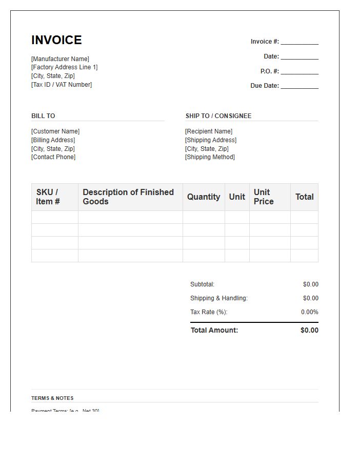 Finished Goods Manufacturer Invoice Template