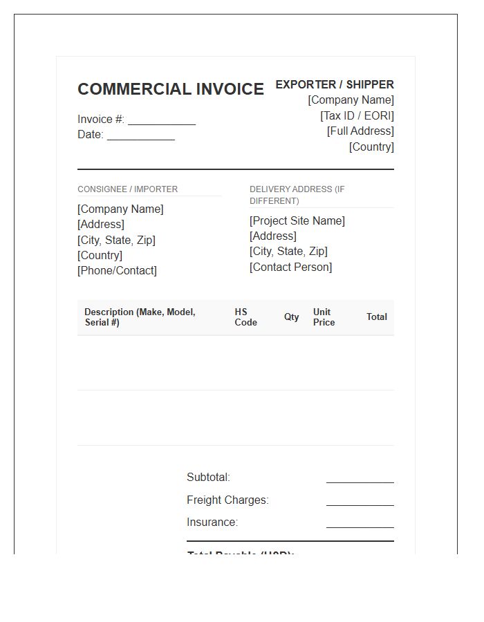 Heavy Machinery Import Invoice Template